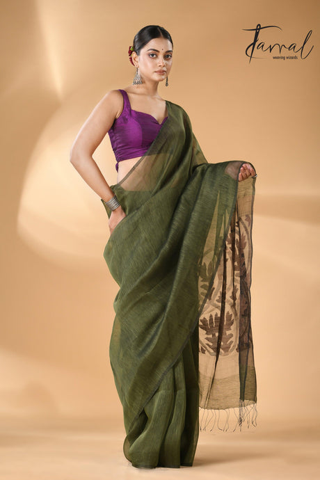 Bottle green linen handwoven Jamdani saree with star pallu