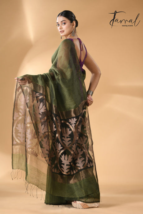 Bottle green linen handwoven Jamdani saree with star pallu back