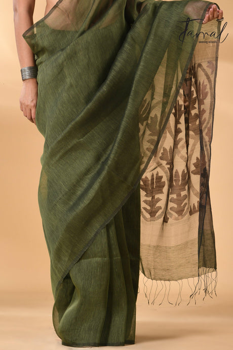 Bottle green linen handwoven Jamdani saree with star pallu bottom