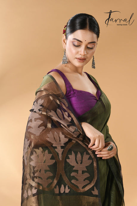 Bottle green linen handwoven Jamdani saree with star pallu cls