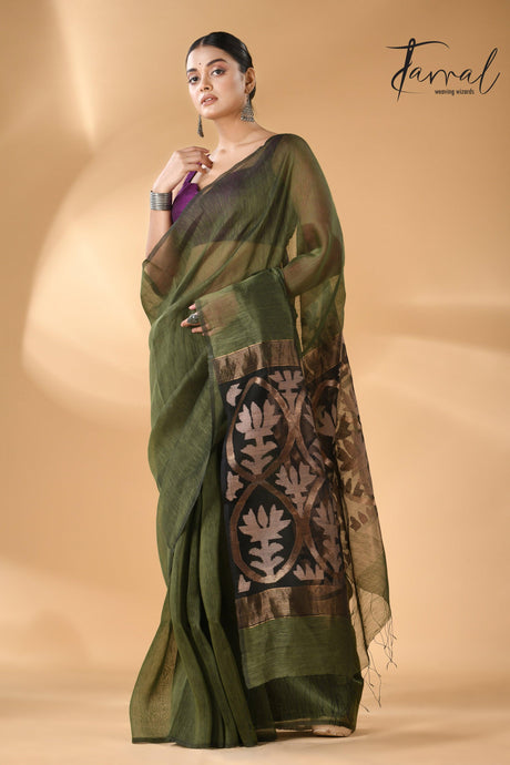 Bottle green linen handwoven Jamdani saree with star pallu full