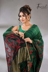 Bottle green silk handwoven needle work jamdani saree_Back