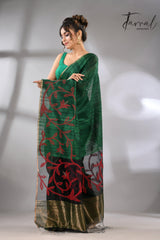 Bottle green silk handwoven needle work jamdani saree_Right