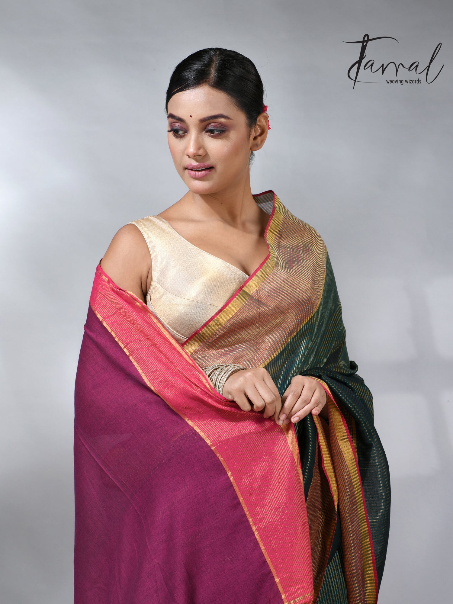 Bottle green with Rani pallu zari striped cotton handloom saree