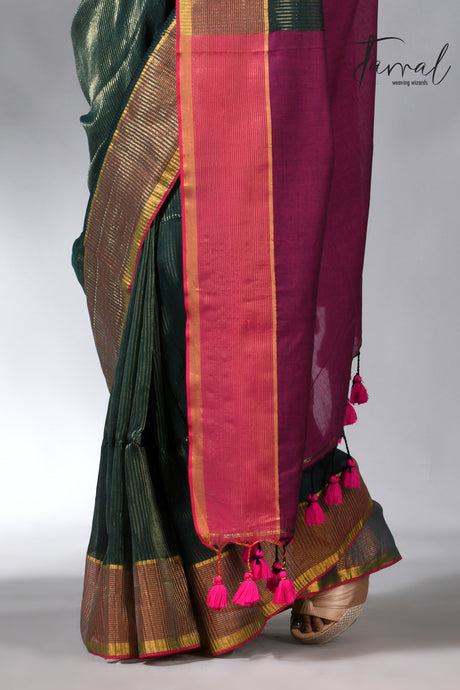 Bottle green with Rani pallu zari striped cotton handloom saree