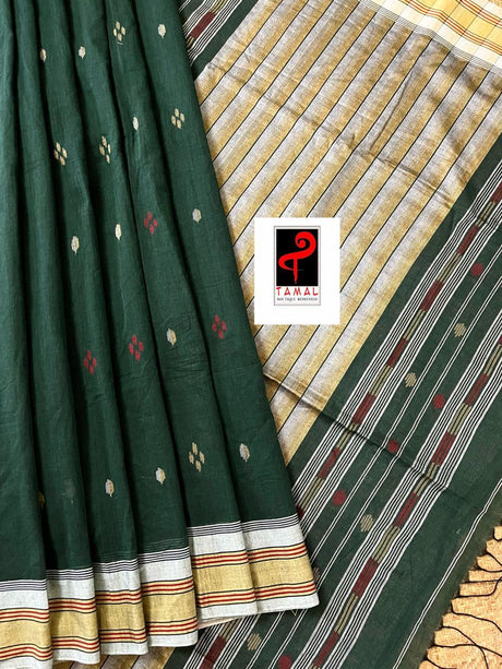 Bottle green with master yellow handloom fulia cotton saree - Tamal Boutique