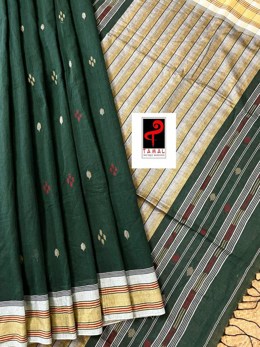 Bottle green with master yellow handloom fulia cotton saree - Tamal Boutique