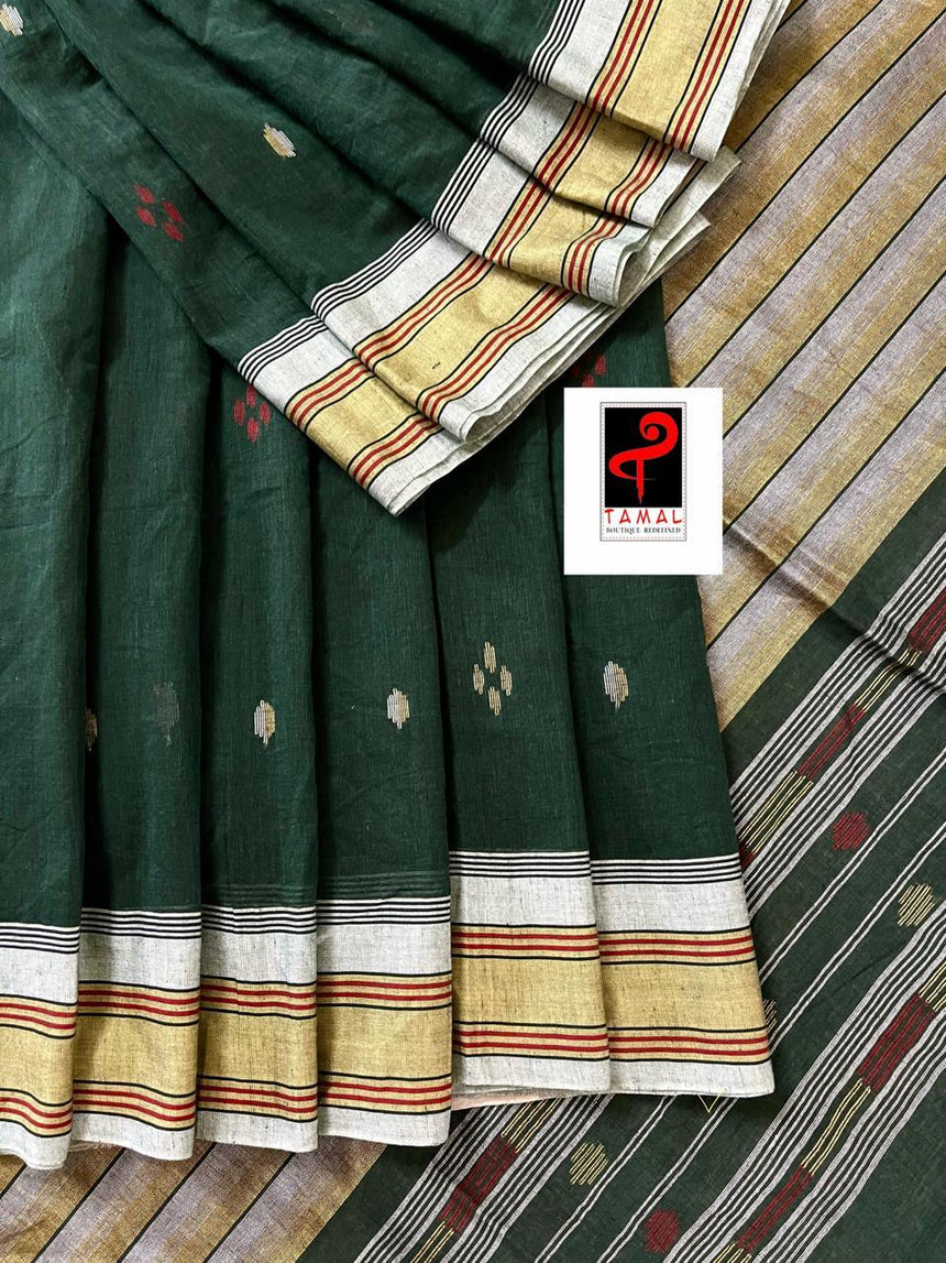Bottle green with master yellow handloom fulia cotton saree - Tamal Boutique