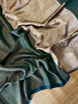 Bottle green zari linen handloom jamdani saree - Tamal Boutique