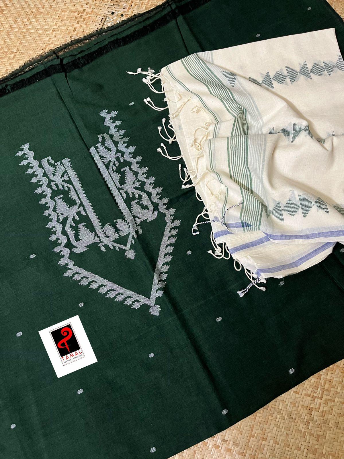 Bottle green with white colour pure cotton kurta & dupatta set - Tamal Boutique