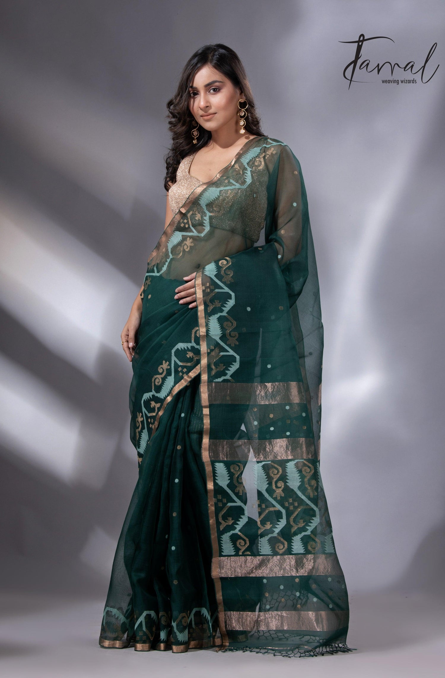 Bottle green with zari border traditional handwoven jamdani in muslin silk - Tamal Boutique