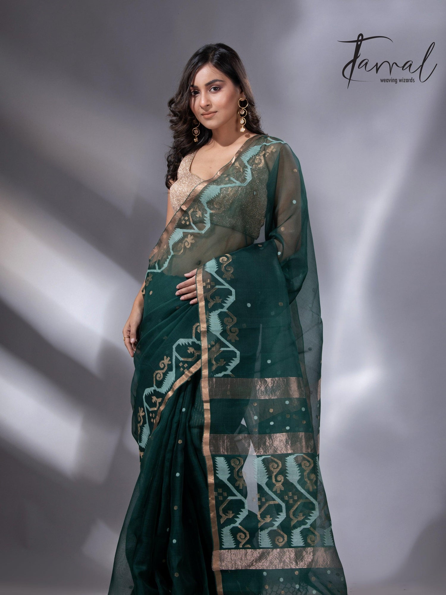 Bottle green with zari border traditional handwoven jamdani in muslin silk - Tamal Boutique