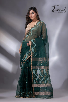 Bottle green with zari border traditional handwoven jamdani in muslin silk - Tamal Boutique