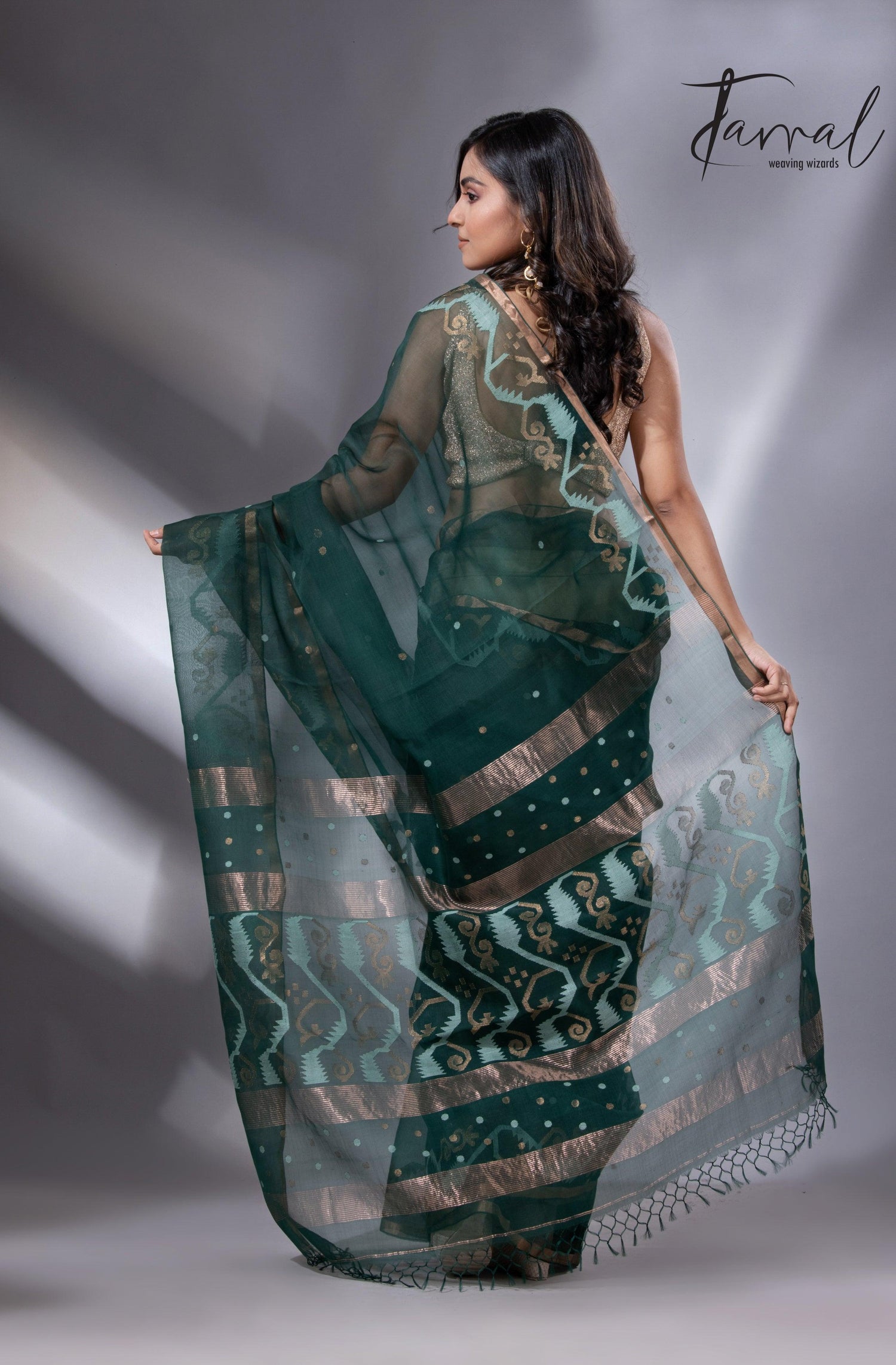 Bottle green with zari border traditional handwoven jamdani in muslin silk - Tamal Boutique