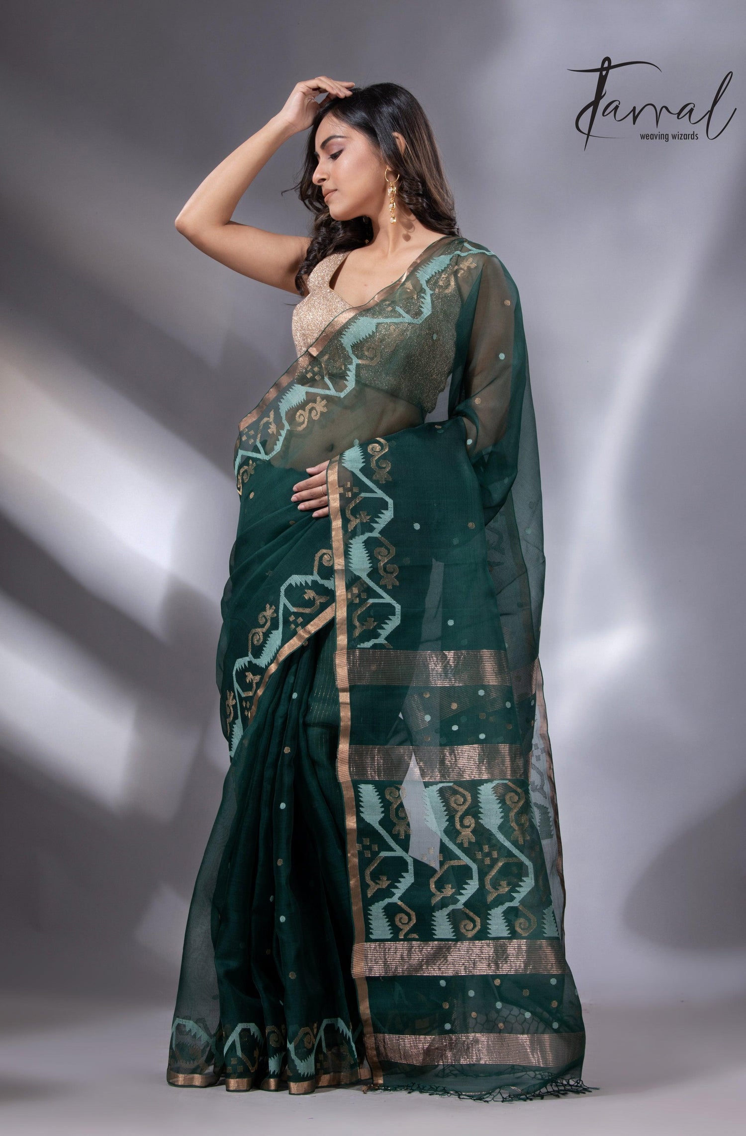 Bottle green with zari border traditional handwoven jamdani in muslin silk - Tamal Boutique