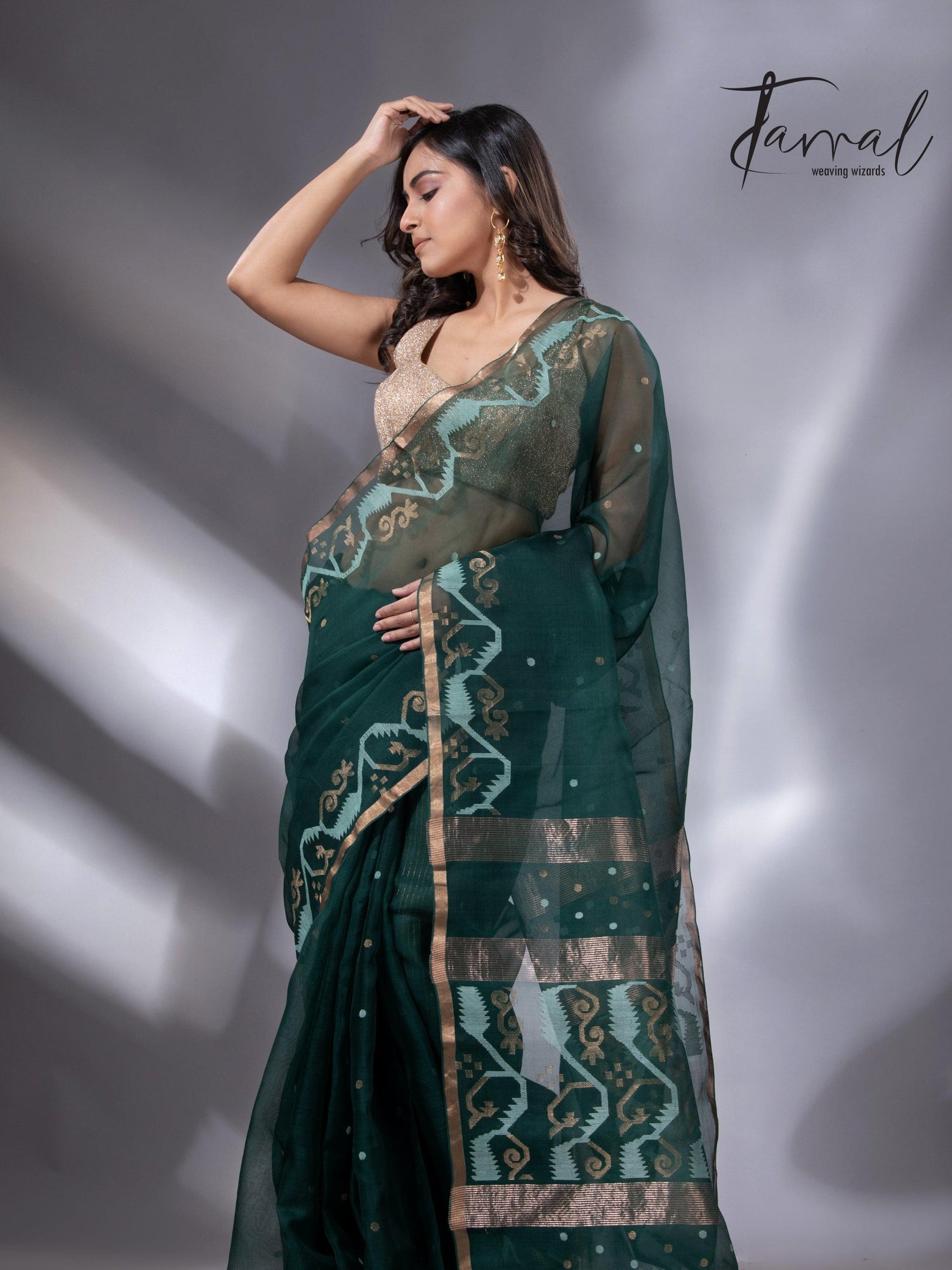 Bottle green with zari border traditional handwoven jamdani in muslin silk - Tamal Boutique