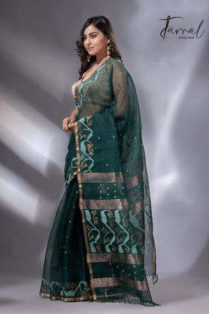 Bottle green with zari border traditional handwoven jamdani in muslin silk - Tamal Boutique