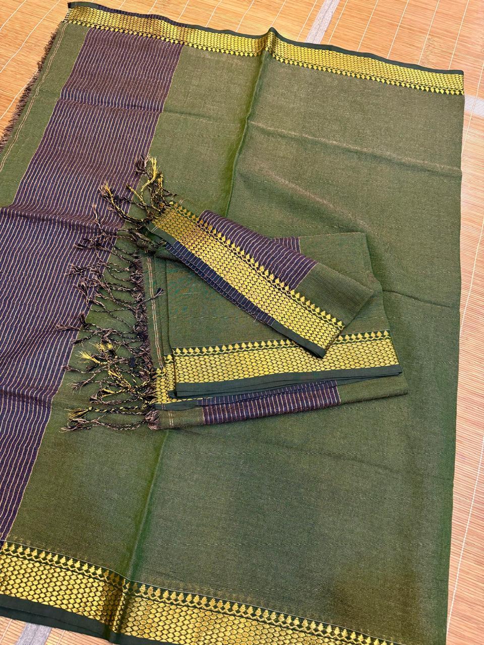 Bottle Green Tissue Linen Kurti & Dupatta with Zari Border3