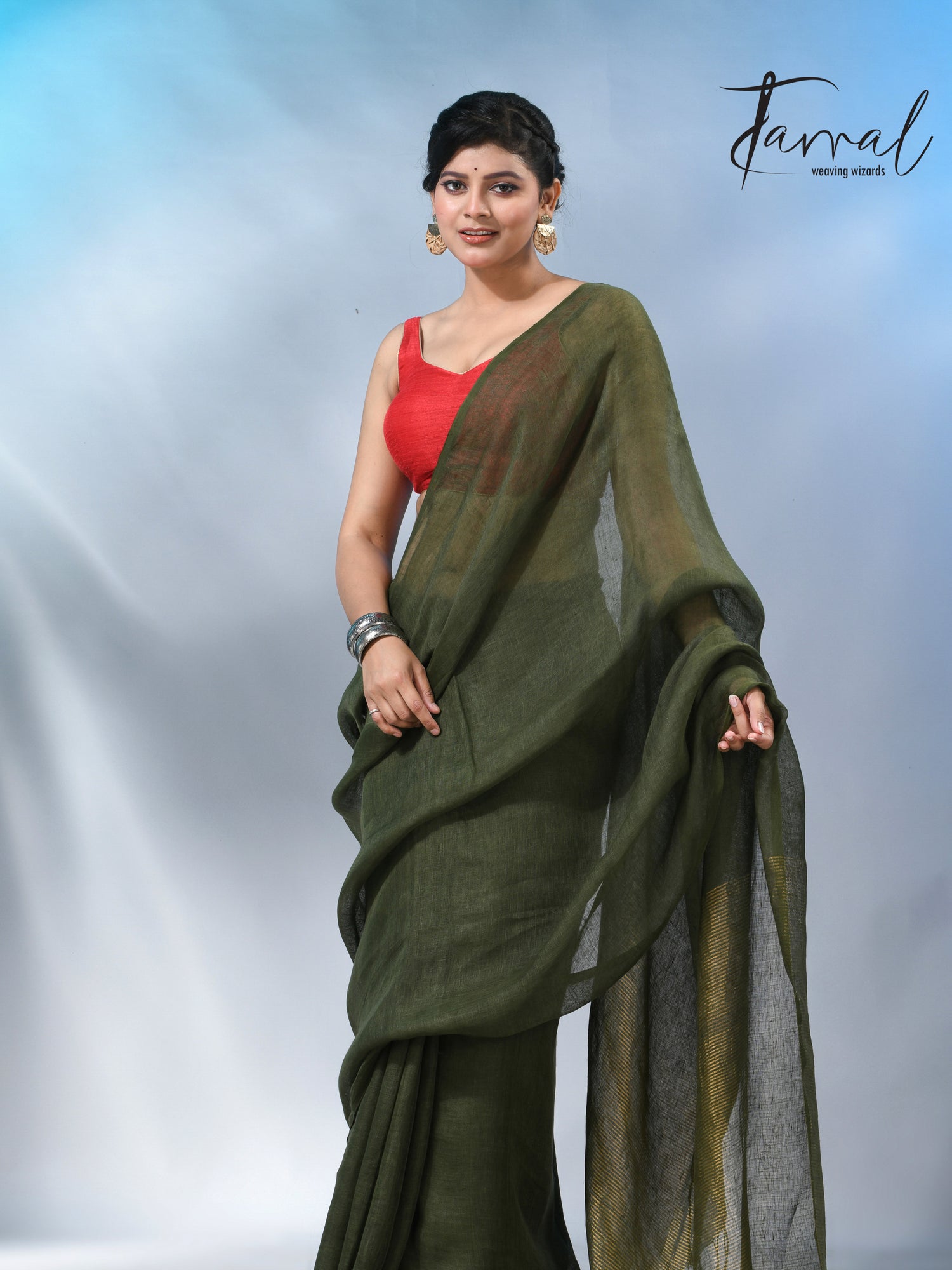 Bottle green with zari stripe pallu pure linen handloom saree