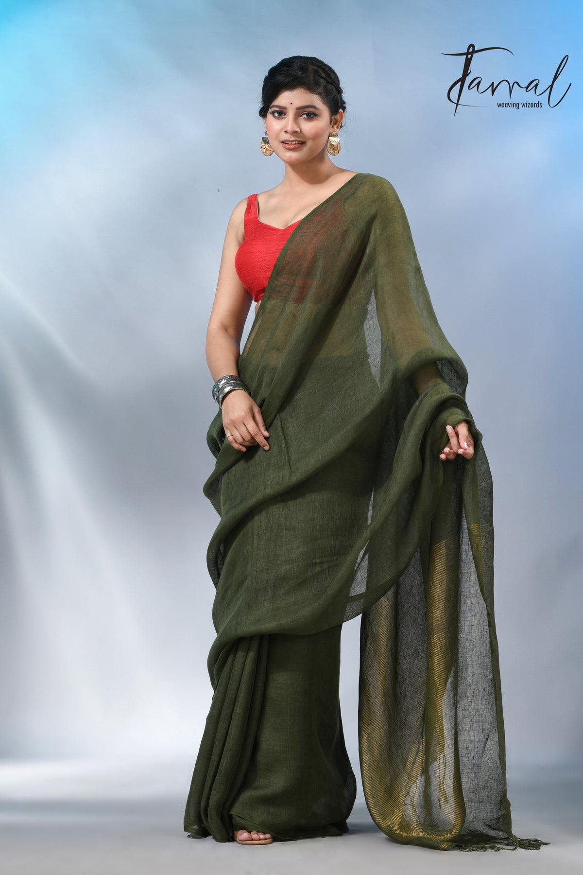 Bottle green with zari stripe pallu pure linen handloom saree
