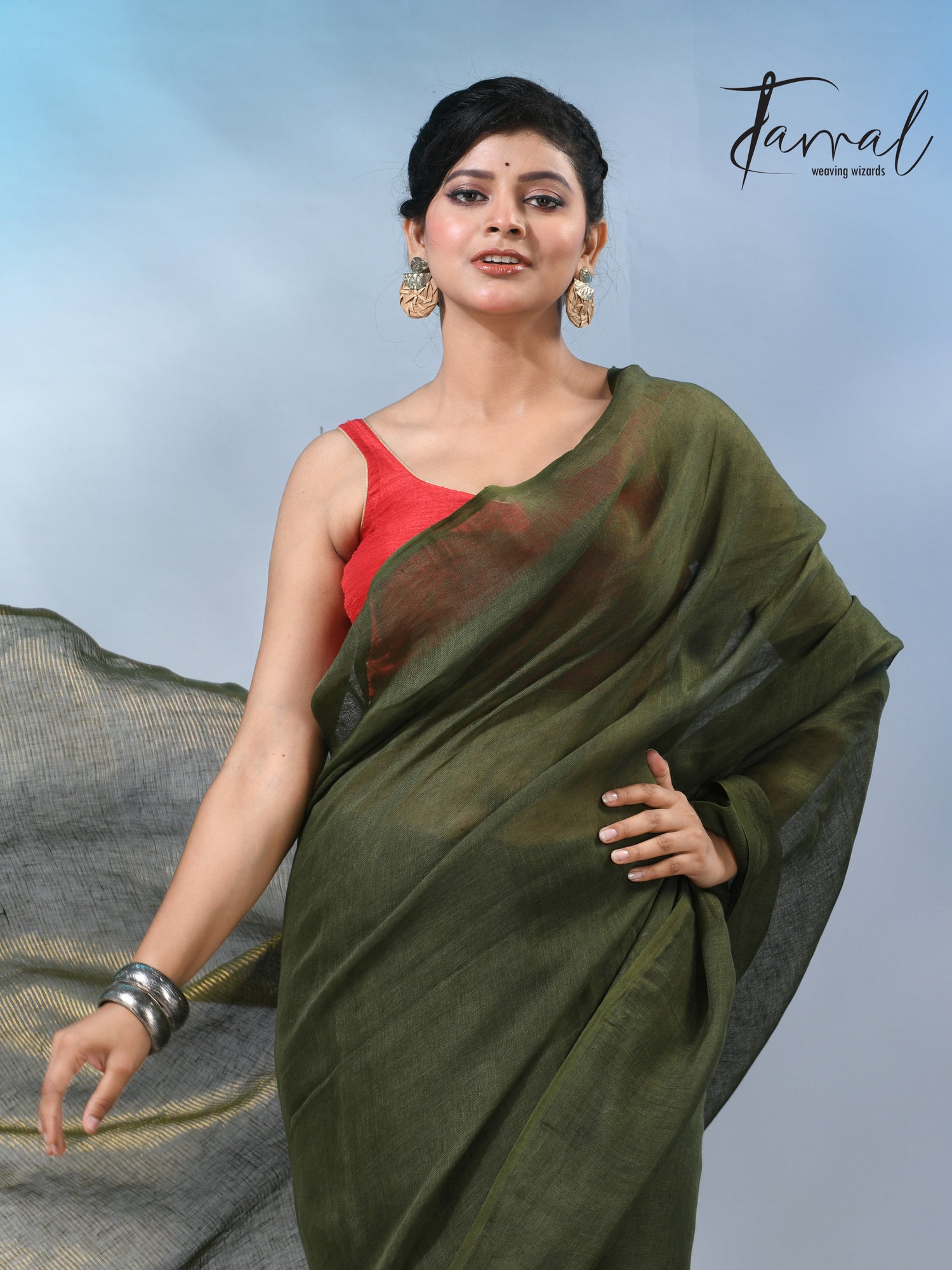Bottle green with zari stripe pallu pure linen handloom saree