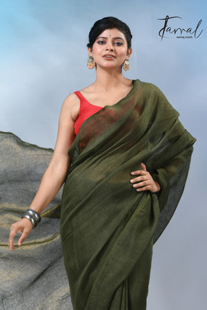 Bottle green with zari stripe pallu pure linen handloom saree