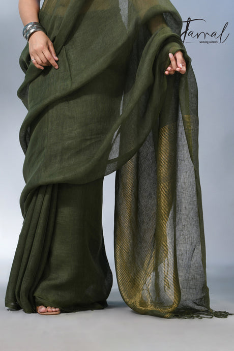 Bottle green with zari stripe pallu pure linen handloom saree