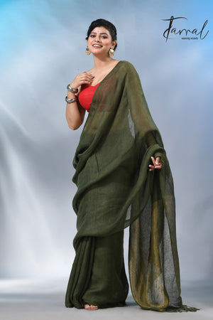 Bottle green with zari stripe pallu pure linen handloom saree