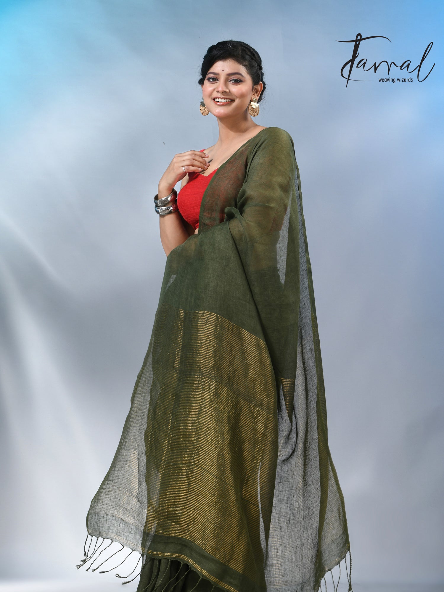 Bottle green with zari stripe pallu pure linen handloom saree