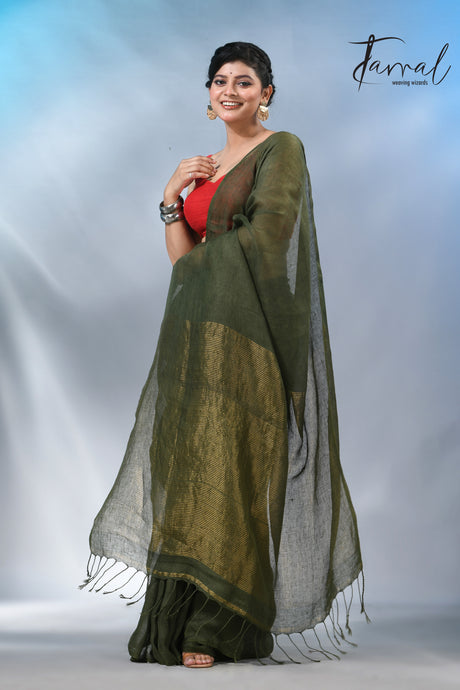 Bottle green with zari stripe pallu pure linen handloom saree