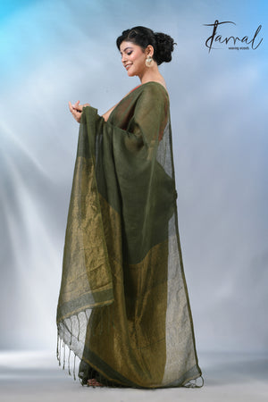 Bottle green with zari stripe pallu pure linen handloom saree