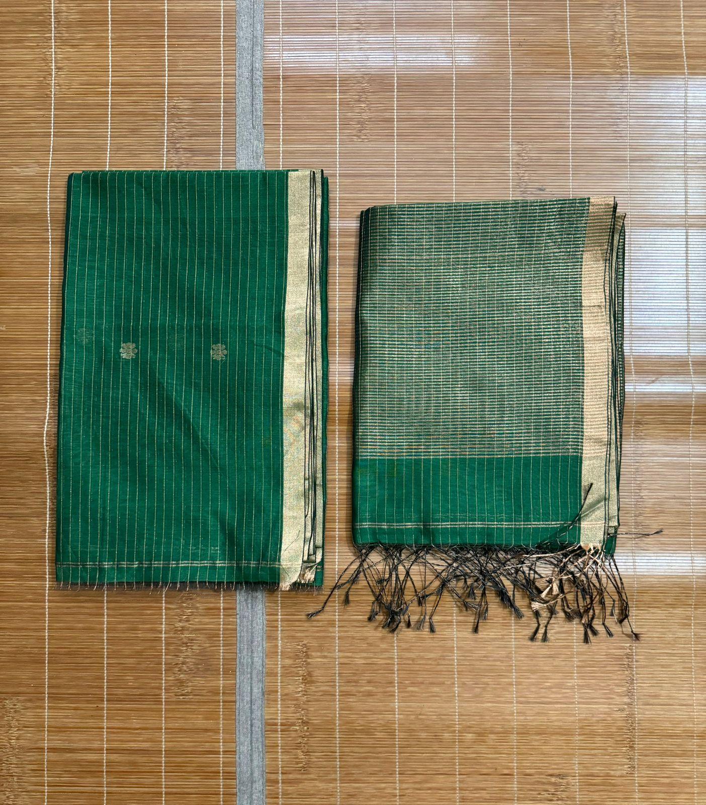 Bottle green with zari border silk cotton handwoven jamdani kurti & dupatta set - Tamal Boutique