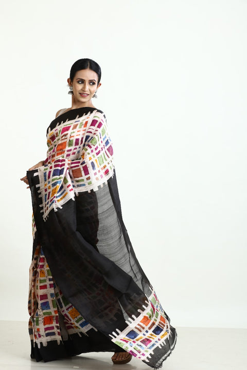 Black with multicolour boxed handcrafted batik silk saree