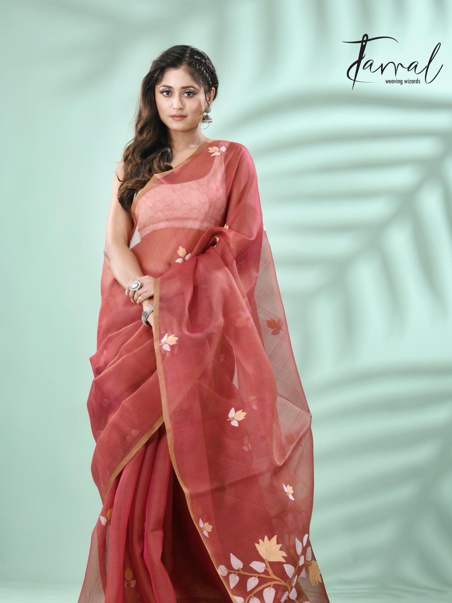 Brown with multicolour muslin silk handwoven floral buta jamdani saree - Tamal Boutique