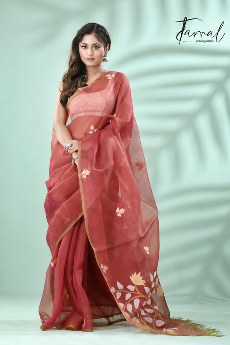 Brown with multicolour muslin silk handwoven floral buta jamdani saree - Tamal Boutique