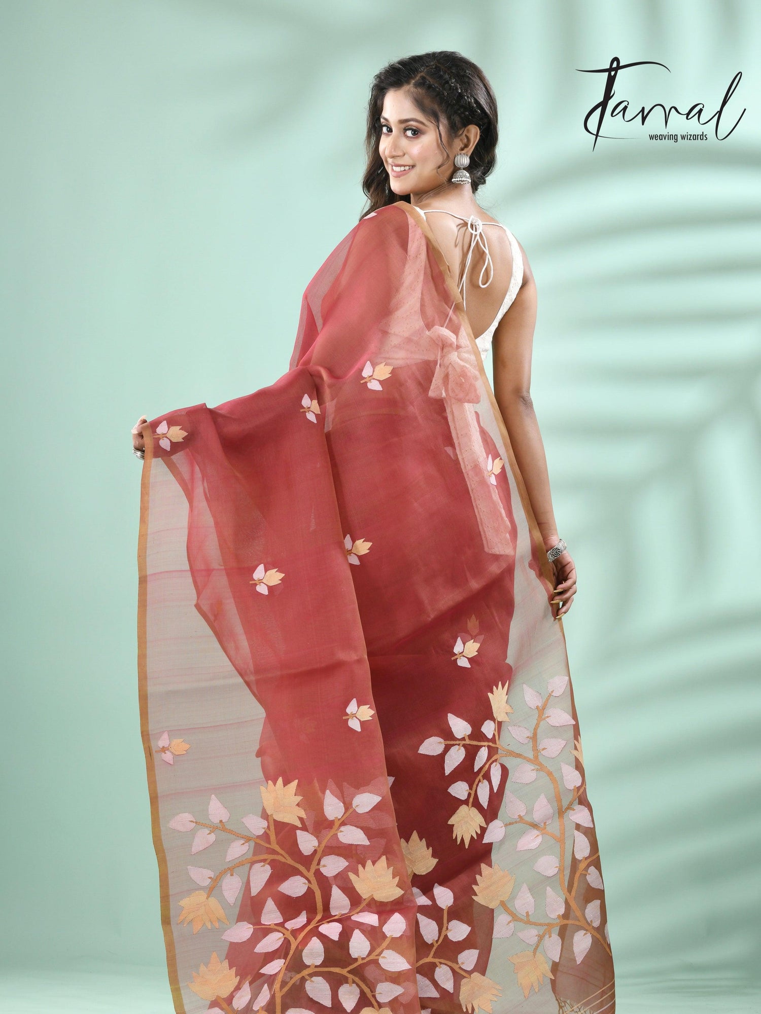 Brown with multicolour muslin silk handwoven floral buta jamdani saree - Tamal Boutique