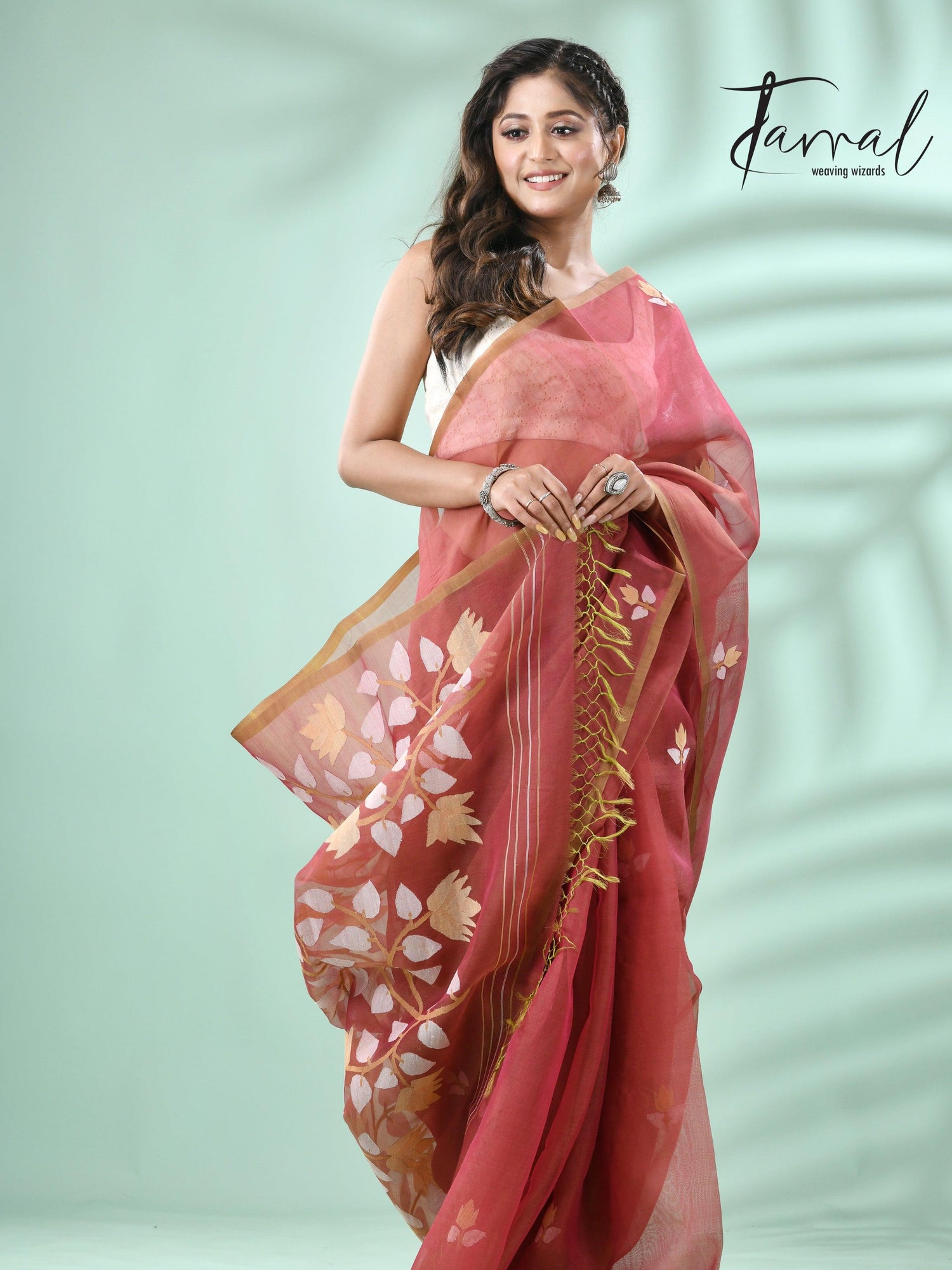 Brown with multicolour muslin silk handwoven floral buta jamdani saree - Tamal Boutique