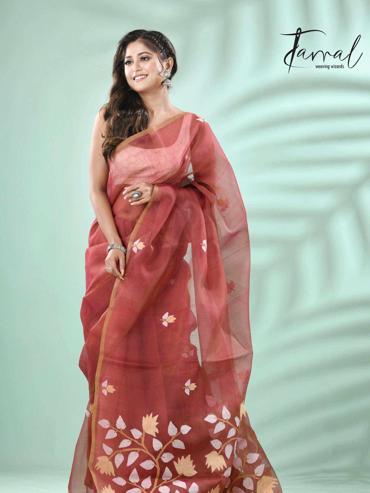 Brown with multicolour muslin silk handwoven floral buta jamdani saree - Tamal Boutique