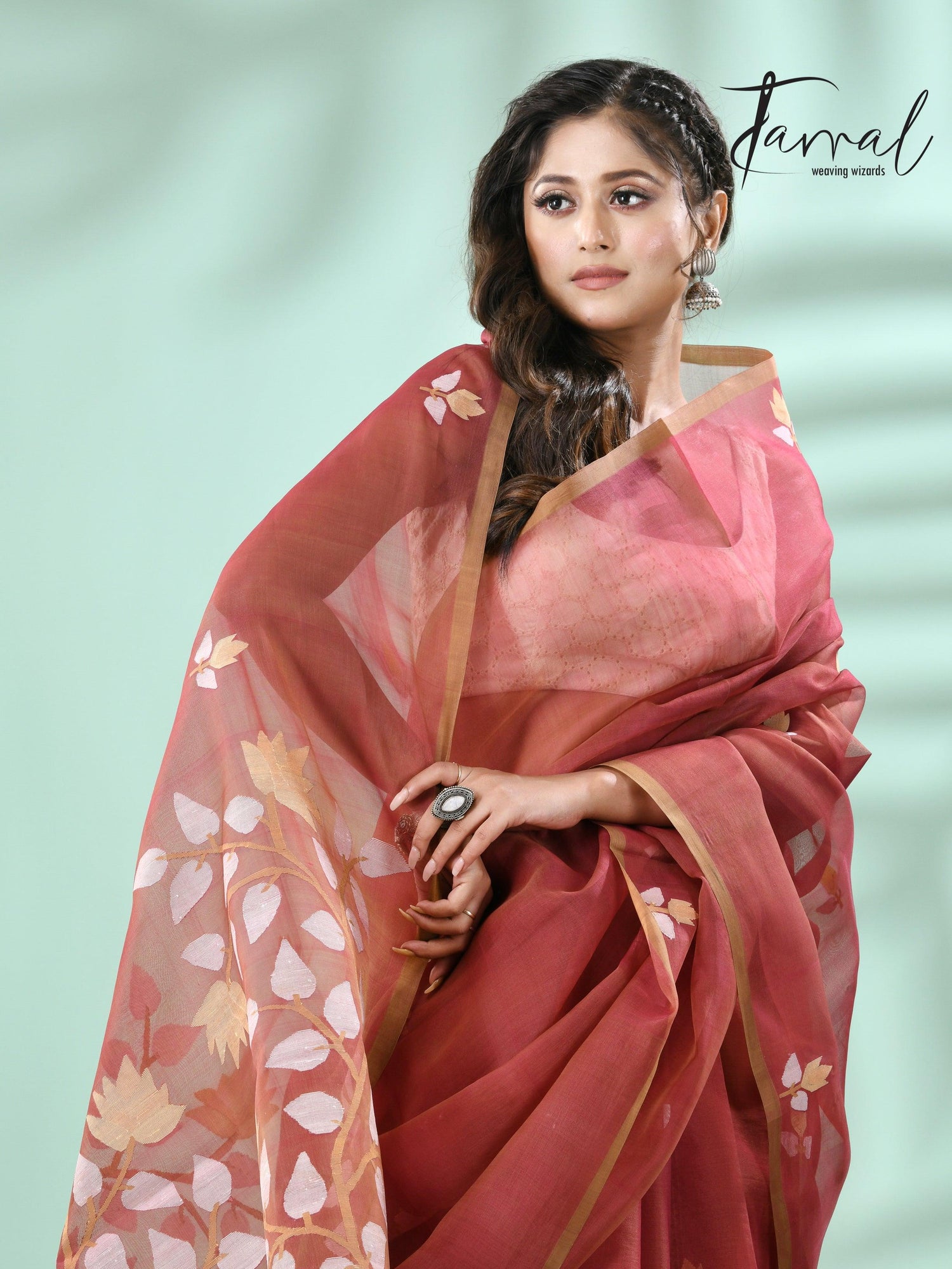 Brown with multicolour muslin silk handwoven floral buta jamdani saree - Tamal Boutique