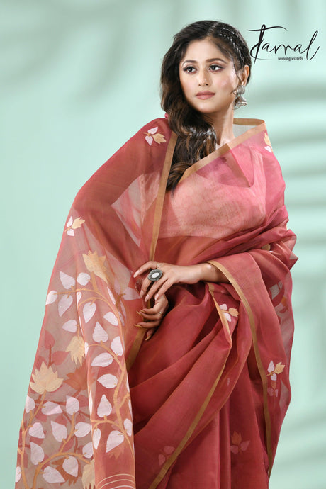 Brown with multicolour muslin silk handwoven floral buta jamdani saree - Tamal Boutique