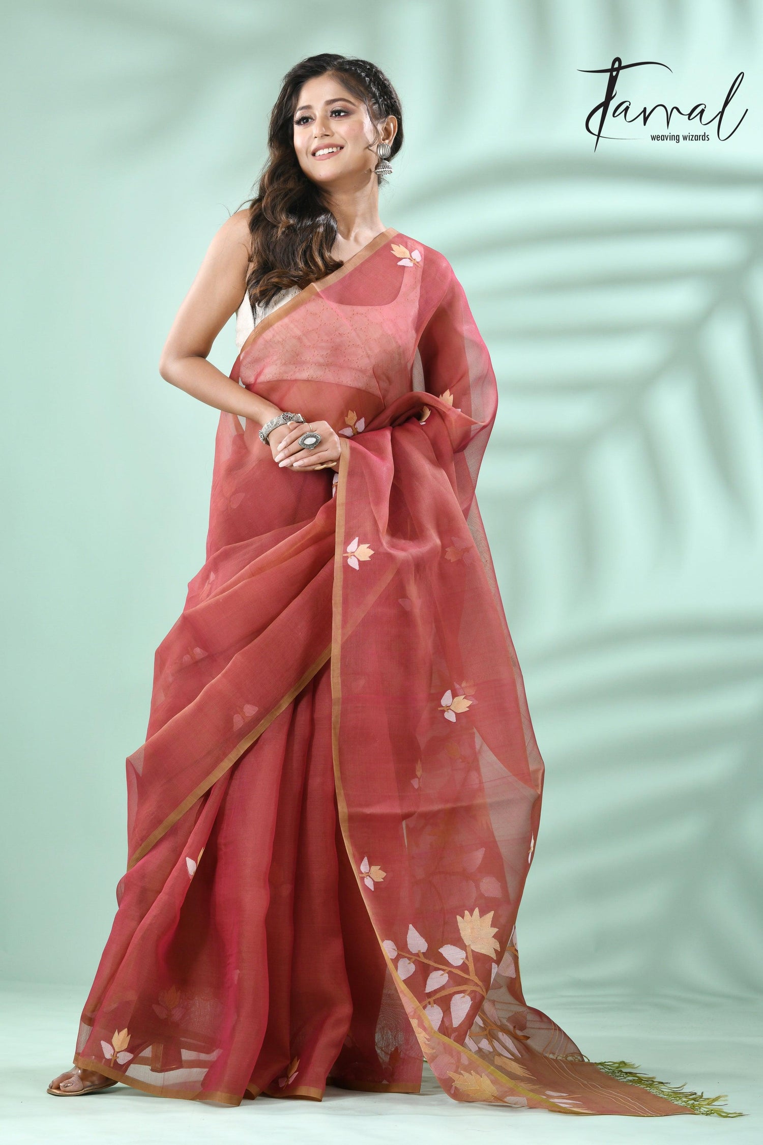 Brown with multicolour muslin silk handwoven floral buta jamdani saree - Tamal Boutique