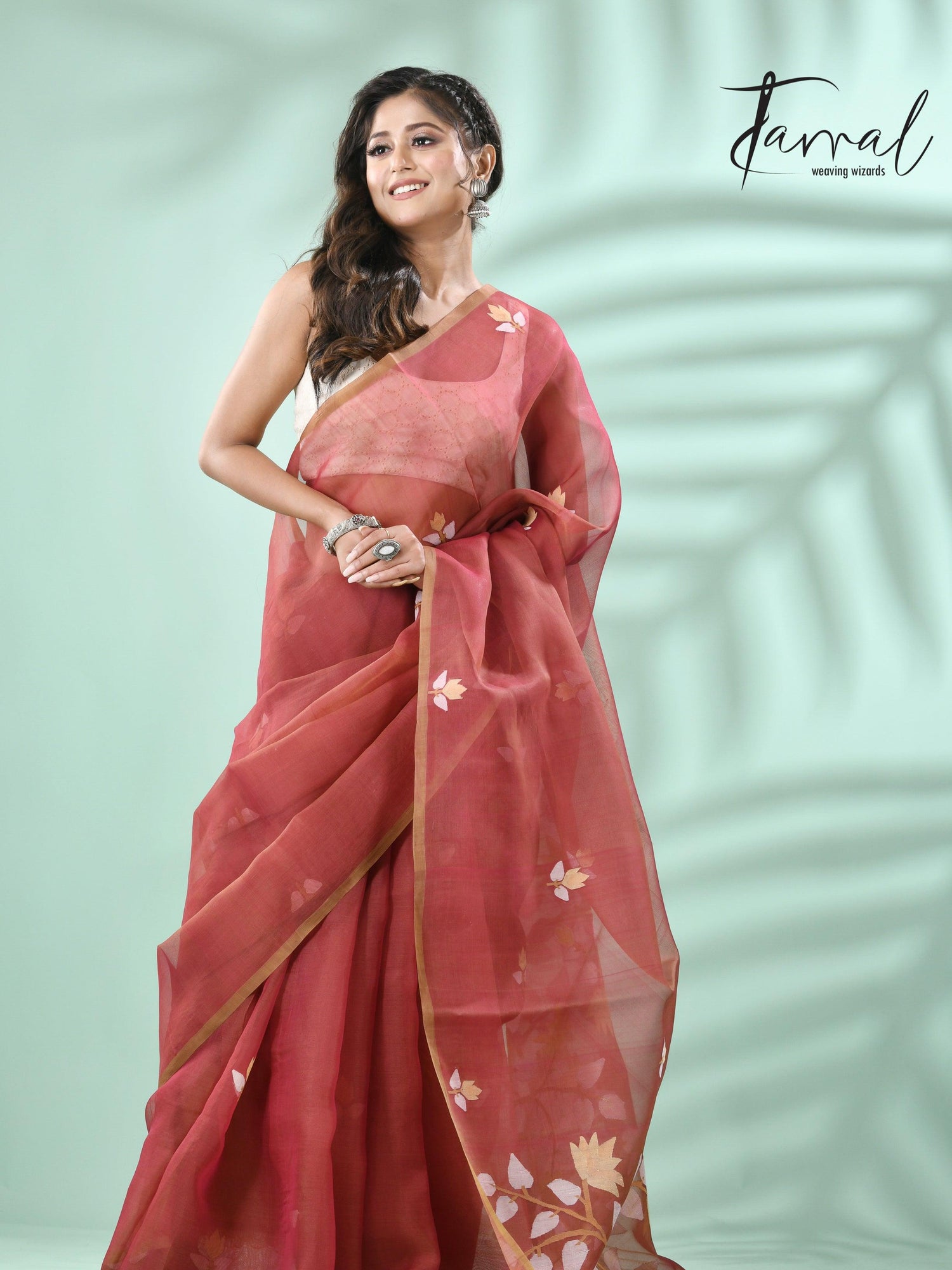 Brown with multicolour muslin silk handwoven floral buta jamdani saree - Tamal Boutique