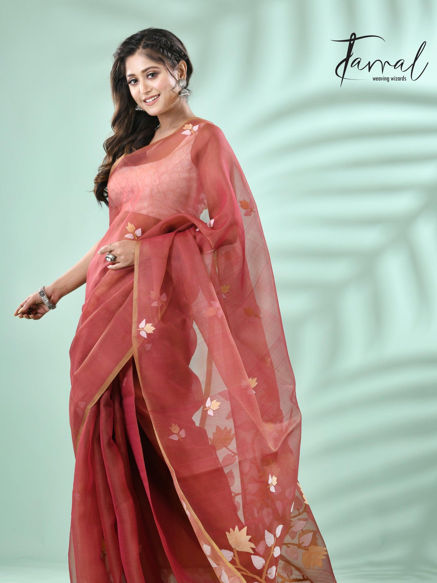 Brown with multicolour muslin silk handwoven floral buta jamdani saree - Tamal Boutique