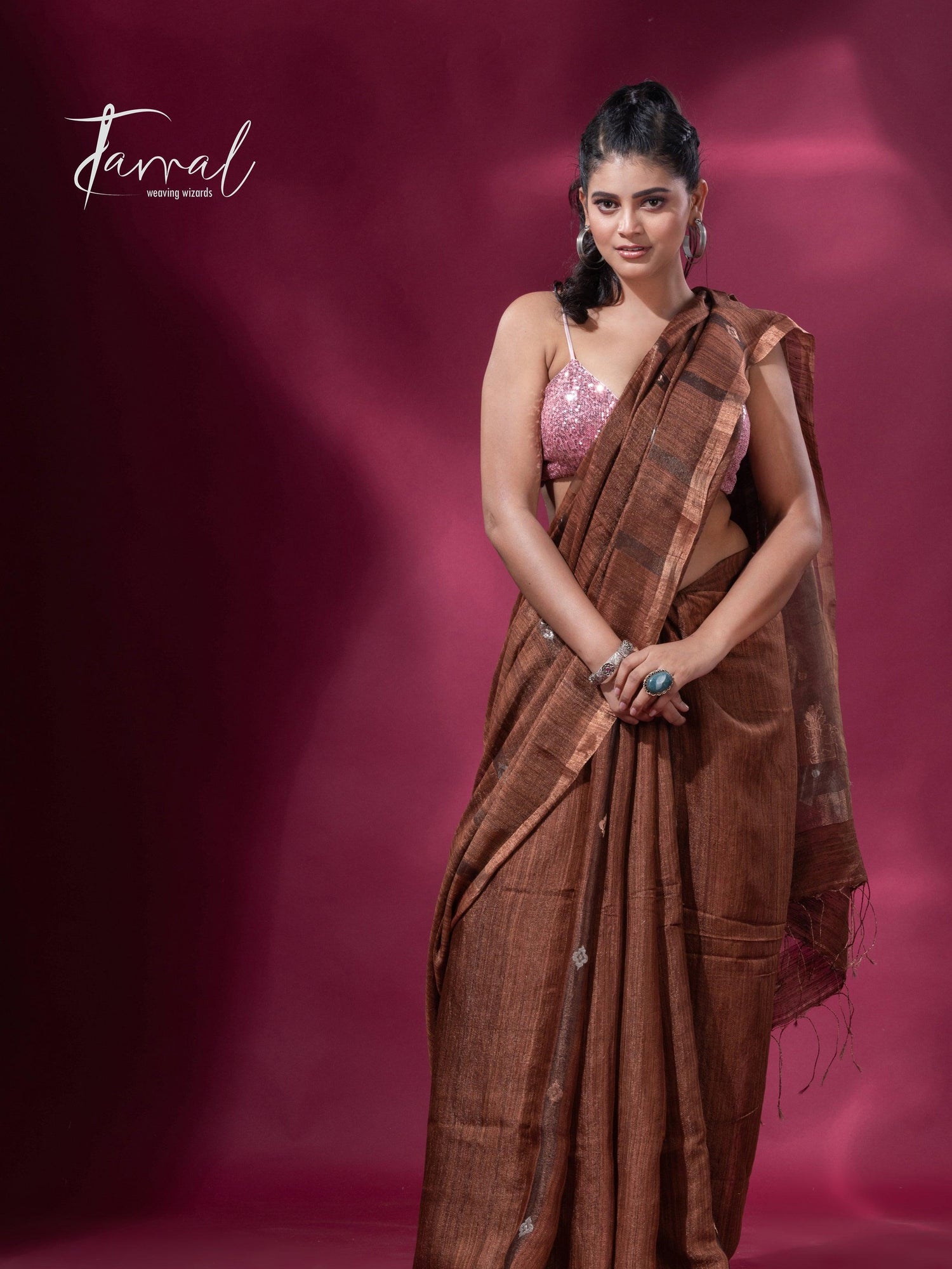 Brown tissue matka muslin handloom jamdani saree