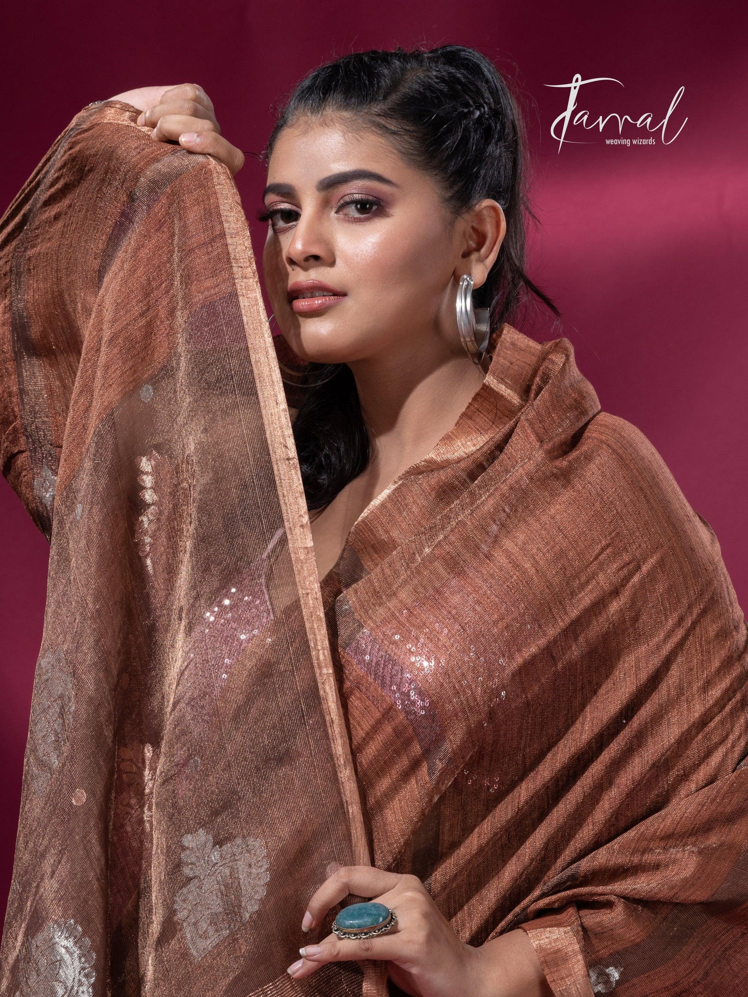 Brown tissue matka muslin handloom jamdani saree cls