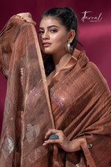 Brown tissue matka muslin handloom jamdani saree cls