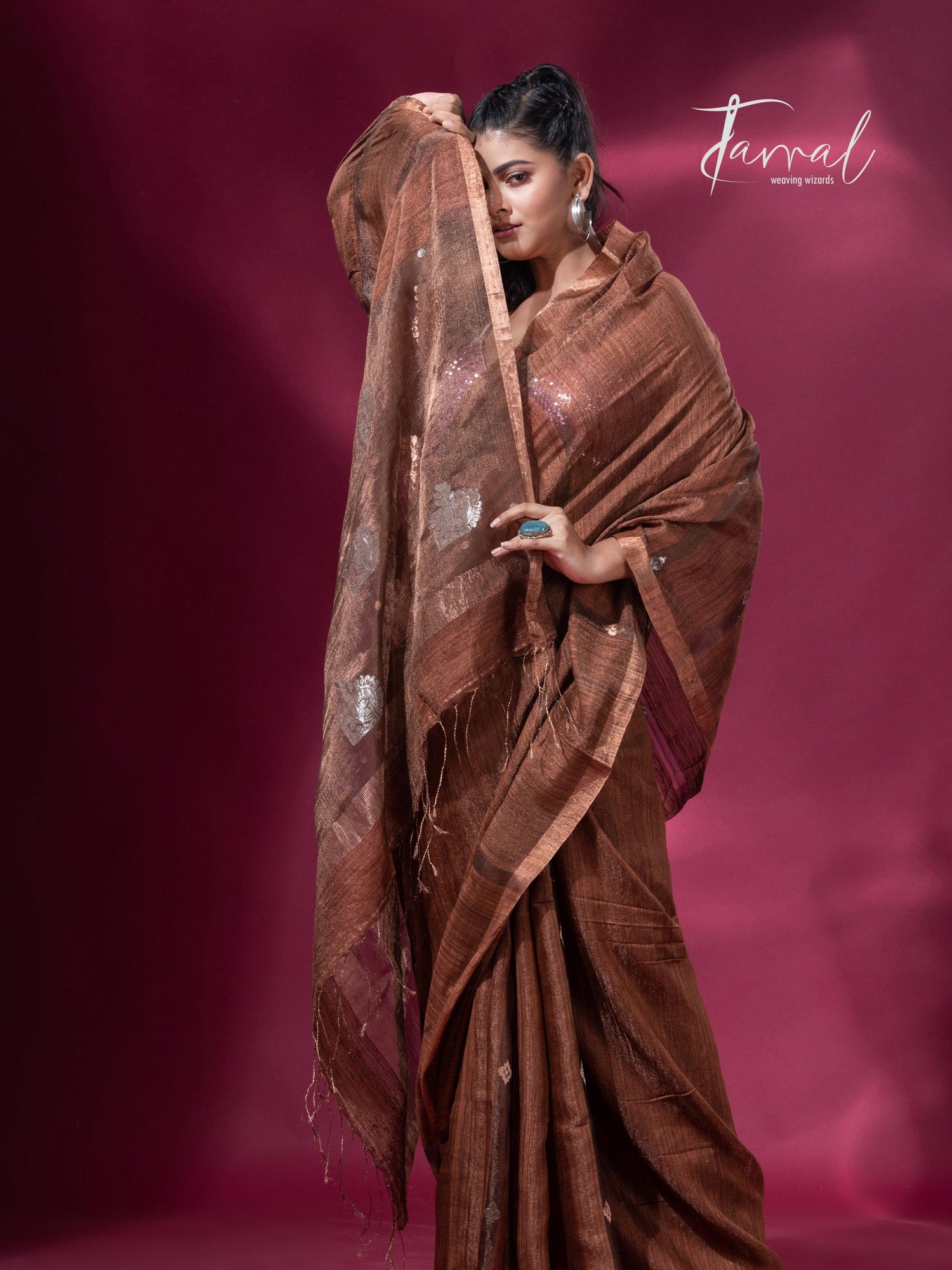 Brown tissue matka muslin handloom jamdani saree right