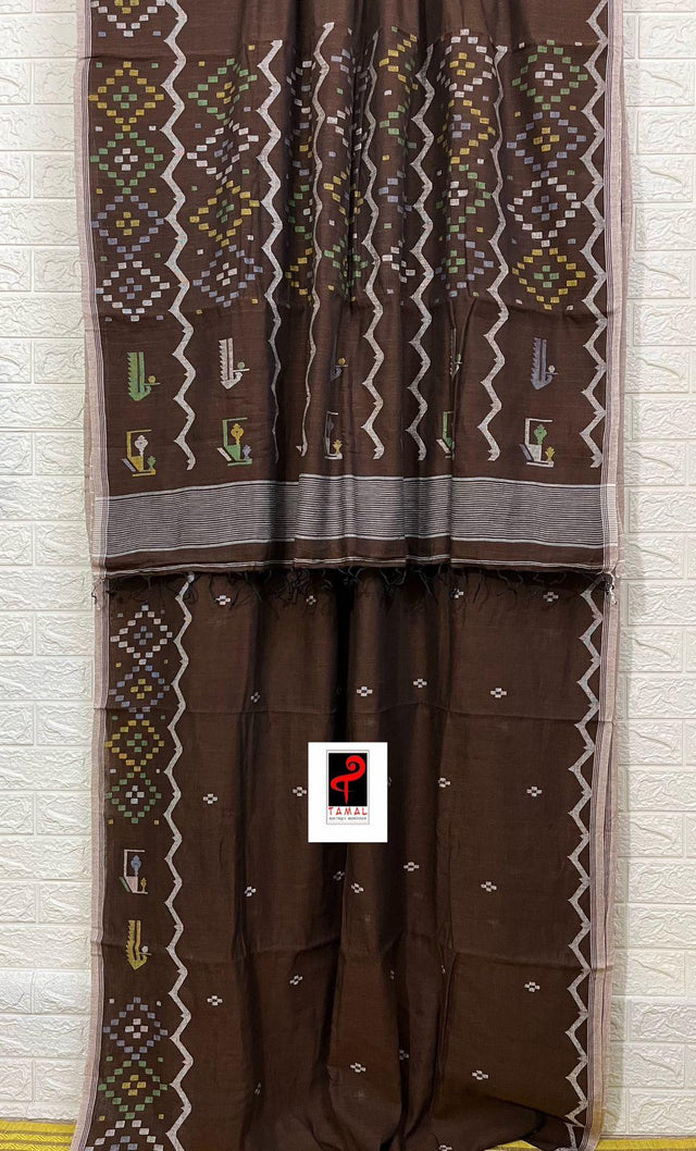 Brown with multi coloured allover border cotton traditional design handwoven jamdani saree - Tamal Boutique
