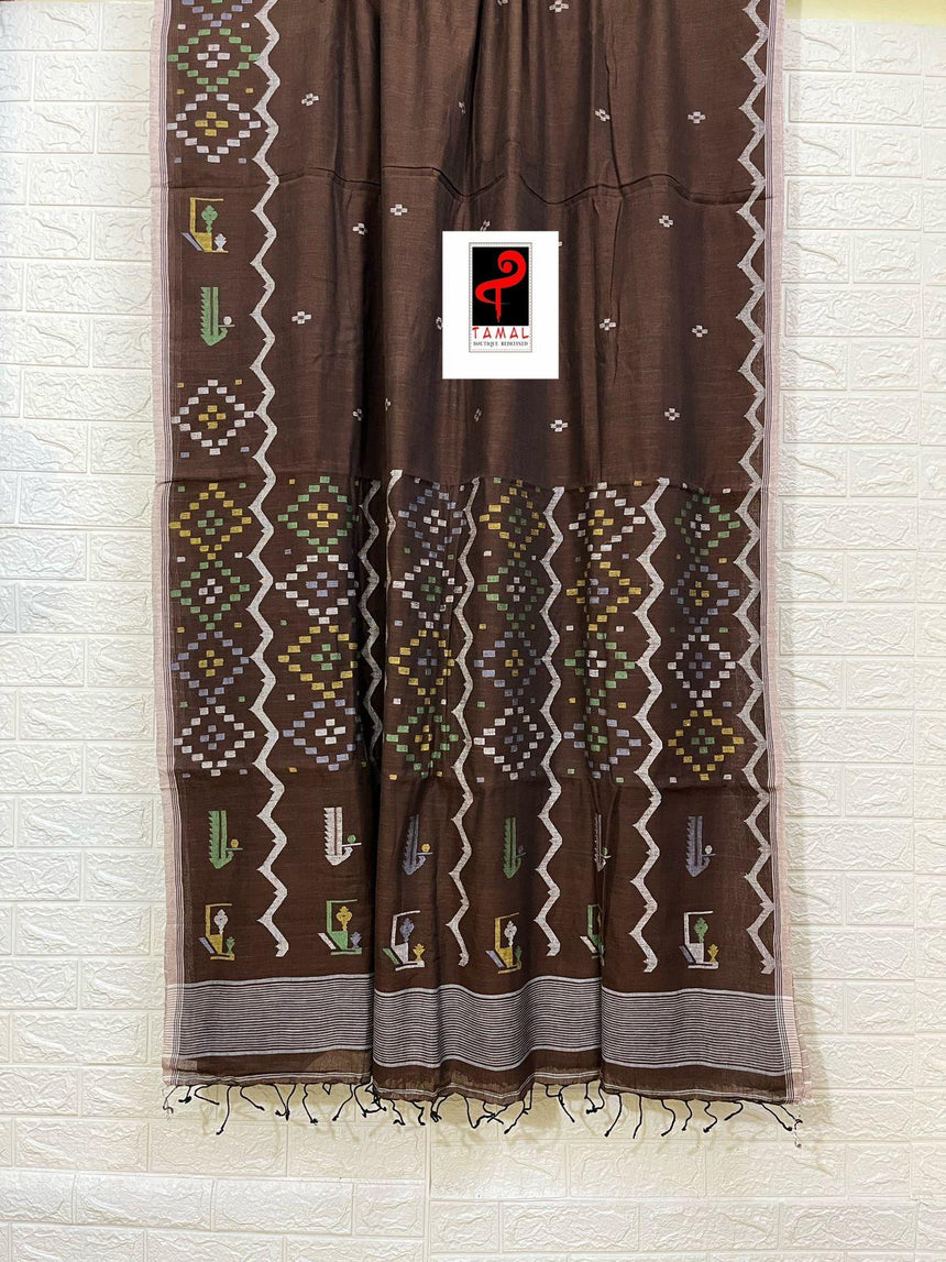 Brown with multi coloured allover border cotton traditional design handwoven jamdani saree - Tamal Boutique