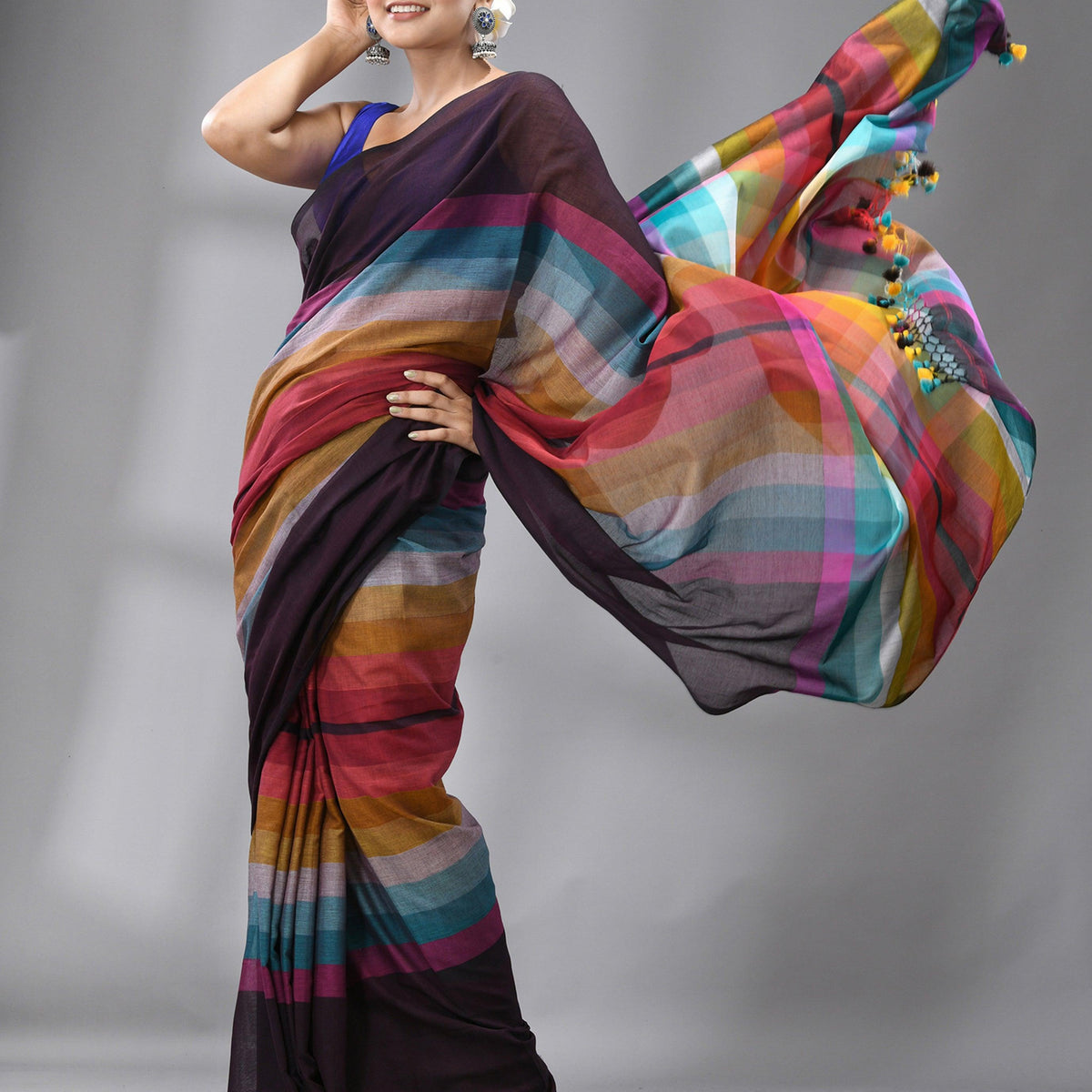 Brown With Rainbow Colour Combination Mul Cotton Handloom Saree – Tamal ...